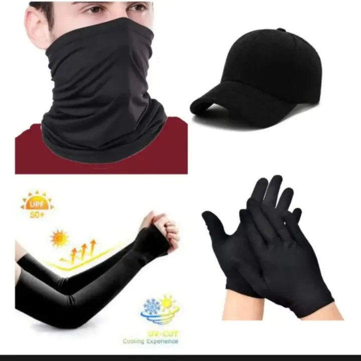 Pack of 4 with in Black colour Cotton Gloves Pair & Summer Neck gaiter Face Covering Unisex Summer Arm Sleeves and Cap , Neck Cover Face Mask